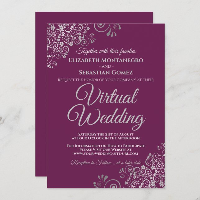 Invitation Fractions en argent Magenta Plum Chic Mariage virt (Devant / Derrière)