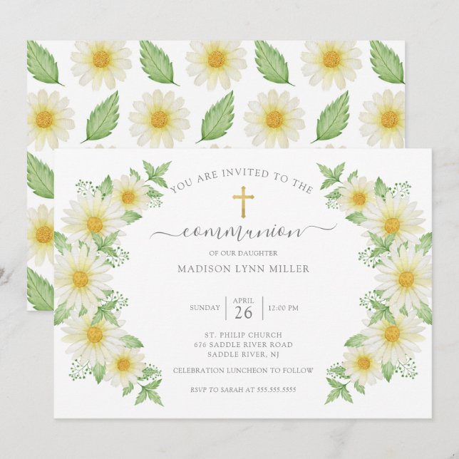 Invitation Fraîche marguerite première communion florale Invi (Devant / Derrière)