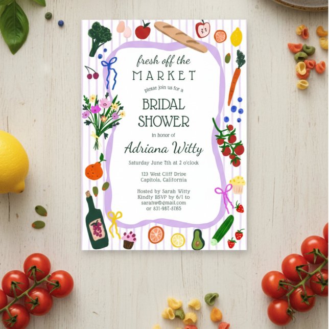 Invitation FRAÎCHEMENT ARRIVÉ SUR LE MARCHÉ Douce Fête de Fia (FRESH OFF THE MARKET Cute Custom Bridal Shower Invitation
)