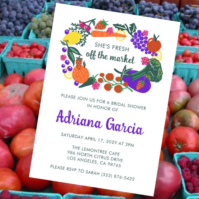 Invitation FRAÎCHEMENT ARRIVÉ SUR LE MARCHÉ Légumes Fruits En (FRESH OFF THE MARKET Veggies Fruits Hand-drawn Cute Bridal Shower Invitation
)