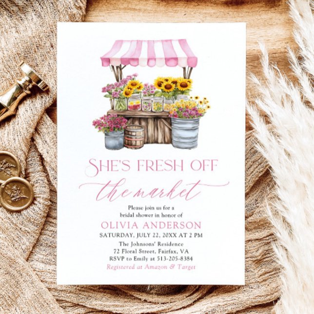 Invitation Fraîchement De La Fête des mariées De Marché Des A (Modern Watercolor Pink Gingham Fresh Off The Market Farmers Market Bridal Shower Invitation)