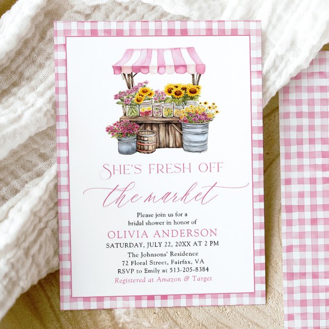 Invitation Fraîchement De La Fête des mariées De Marché Des A (Modern Watercolor Pink Gingham Fresh Off The Market Farmers Market Bridal Shower Invitation)