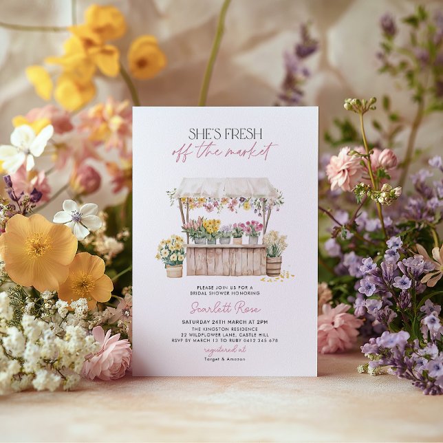 Invitation Fraîchement du marché Fête des mariées des agricul (She's Fresh Off the Market! Flower Stand Farmer's Market Bridal Shower Floral Invitation)