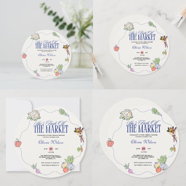 Invitation Fraîchement Sorti du Marché Fête de Fiançailles Fa (Fresh Off the Market Bridal Shower Whimsical Drawn Invitation)
