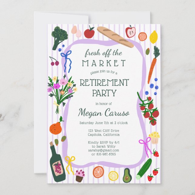 Invitation FRAÎCHEMENT SORTI DU MARCHÉ Jolie fête de retraite (Devant)