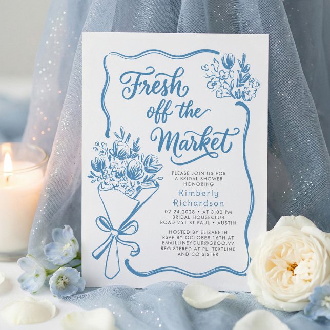 Invitation Fraîchement Sorti du Marché Mariage Fantaisiste De (Fresh Off The Market Whimsical Hand Drawn Dusty Blue Bridal Shower Invitation)