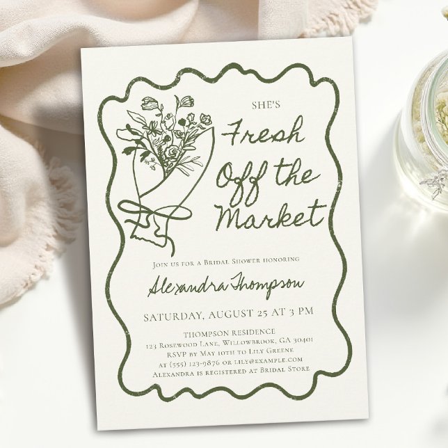Invitation Fraîchement Sorti du Marché Mariage : Salle de Réc (fresh off the market bridal shower invitation green hand drawn frame handwritten flower bouquet)