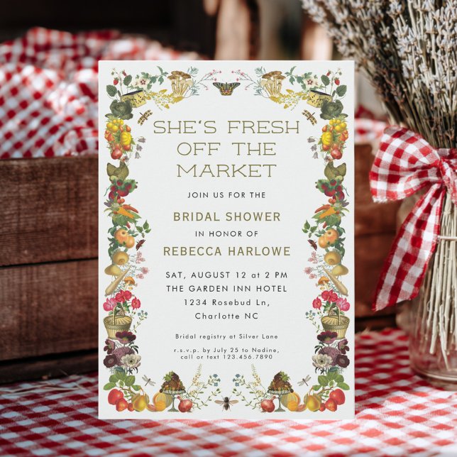 Invitation Fraîchement sortie du marché fermier rétro Shower  (Rustic vintage fresh off the market bridal shower invitation card in summer country-side setting)