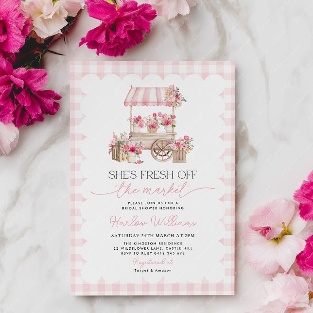 Invitation Fraîchement sortie du Marché Gingham Marché Enterr (She's fresh off the market | Pink Flower Cart | Bridal Shower Invitation)