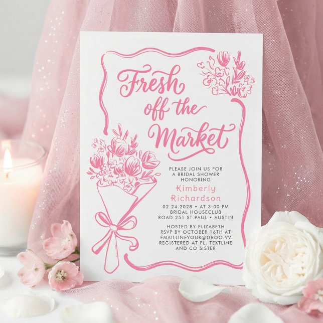 Invitation Fraîchement sortie du marché Réception de mariage  (Fresh Off The Market Pink Whimsical Hand Drawn Flowers Bouquet Bridal Shower Invitations)