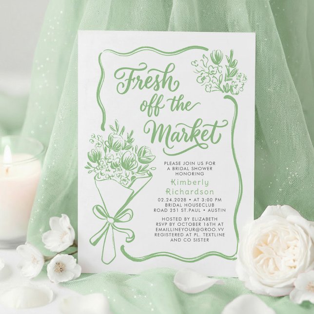 Invitation Fraîchement sortie du marché Réception de mariage  (Sage Green Whimsical Hand Drawn Bridal Shower Invitation Fresh Off The Market)