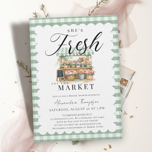 Invitation Fraîchement sortie du marché Vert Gingham Baby Sho (fresh off the market bridal shower invitation green gingham preppy watercolor stand)