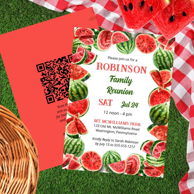 Invitation Fraîches pastèques d'été Code QR Réunion familiale (Fresh Summer Watermelons QR Code Family Reunion Invitation)