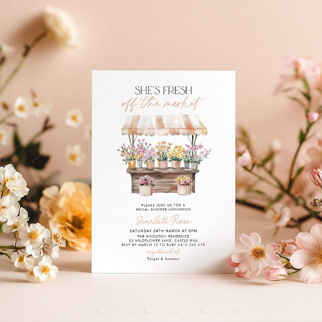 Invitation Fraîcheur de la Fête des mariées du marché (She's Fresh off The Market! Peach Flower Stand Farmer's Market Bridal Shower Invitation)