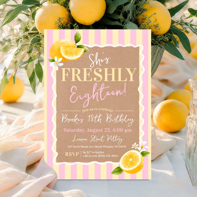 Invitation Frais Dix-Huit Citrons Rose Jaune 18e Anniversaire (Cute pink & yellow watercolor lemon citrus She's Freshly Eighteen modern 18th birthday party invite)