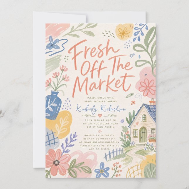 Invitation Frais Éclos sur le Marché Fête de Mariage Florale  (Devant)