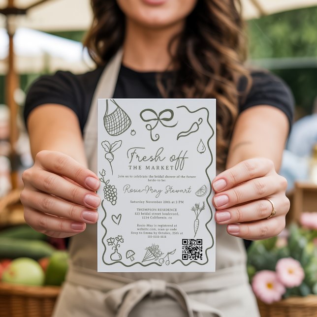 Invitation Frais Éclos sur le Marché Mariage Main Levée QR (Fresh Off the Market HandDrawn Whimsical QR Bridal Invitation)
