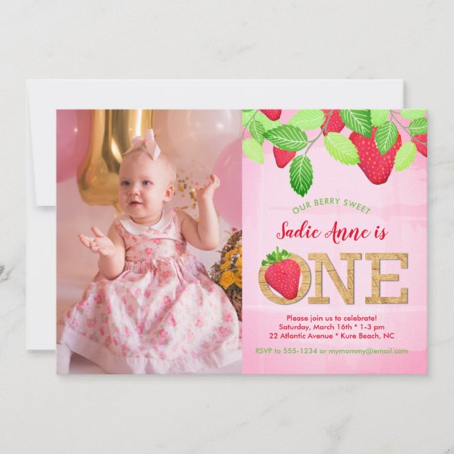 Invitation Fraise 1er anniversaire Aquarelle rose photo (Devant)