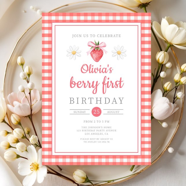 Invitation Fraise 1er Anniversaire Baie Premier Anniversaire (Strawberry 1st Birthday Berry First Birthday Invitation)