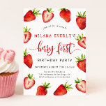 Invitation Fraise 1er anniversaire | Berry First<br><div class="desc">Carte d'invitation pour la fête du 1er anniversaire de la mignonne fille avec l'aquarelle illustration de fraises. Le texte dit "rejoignez-nous pour célébrer le premier anniversaire de la baie de XX."</div>
