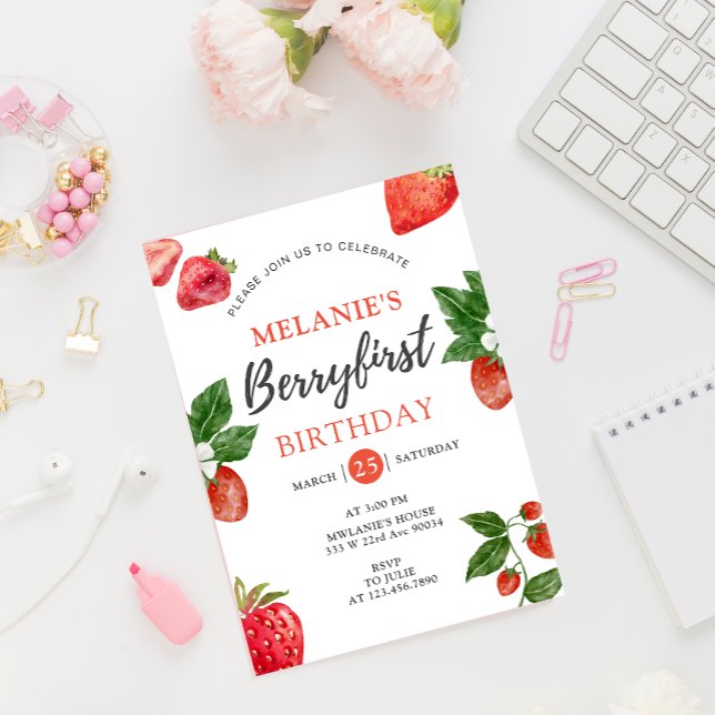 Invitation Fraise 1er anniversaire | Berry First girl (Berry first 1st Birthday invitation card mockup)