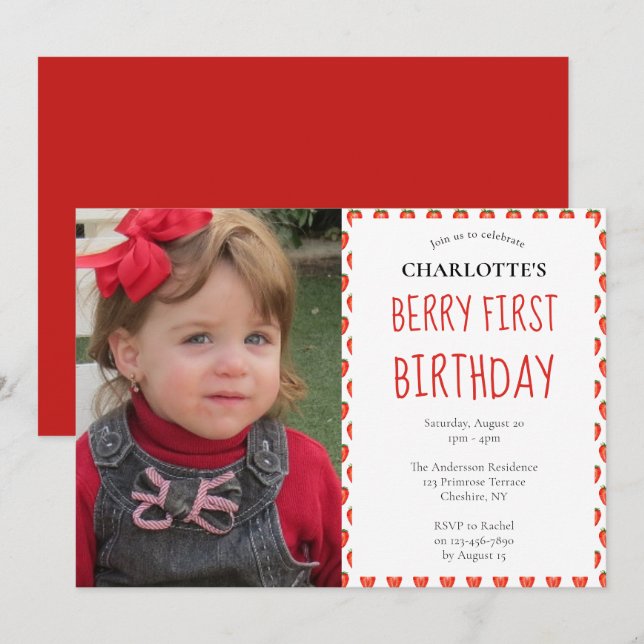 Invitation Fraise 1er anniversaire Berry First Photo Party (Devant / Derrière)