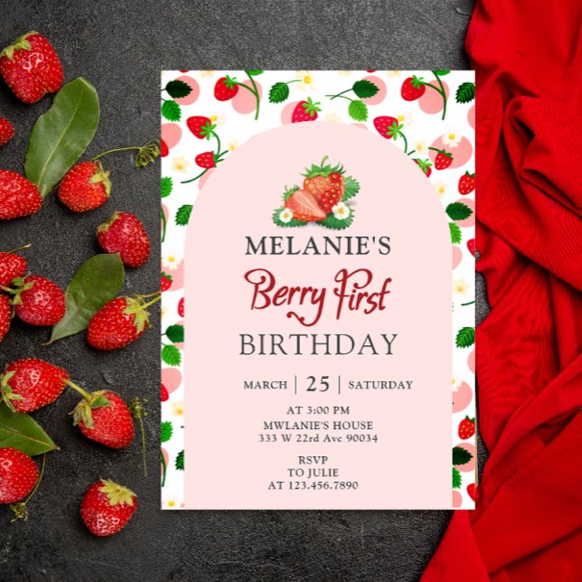 Invitation Fraise 1er anniversaire | Berry First Pink (Girl Berry first birthday card invitation)