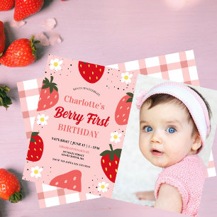 Invitation Fraise 1er anniversaire Berry Première photo Anniv