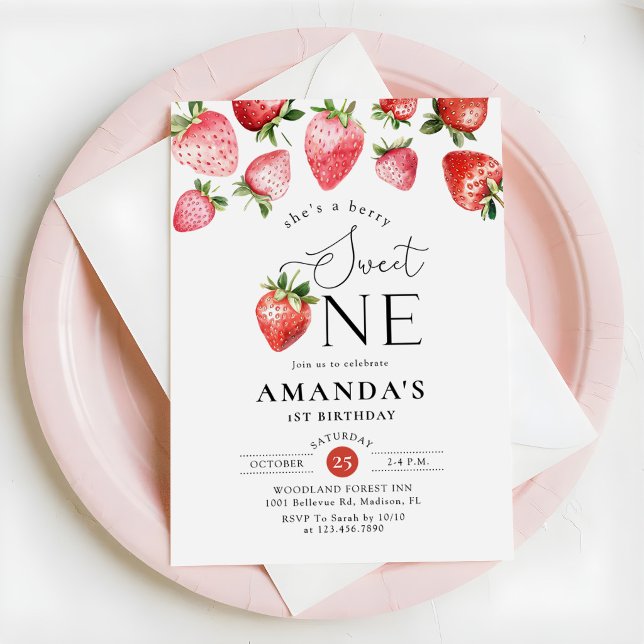 Invitation Fraise 1er Anniversaire Berry Sweet One (Créateur téléchargé)