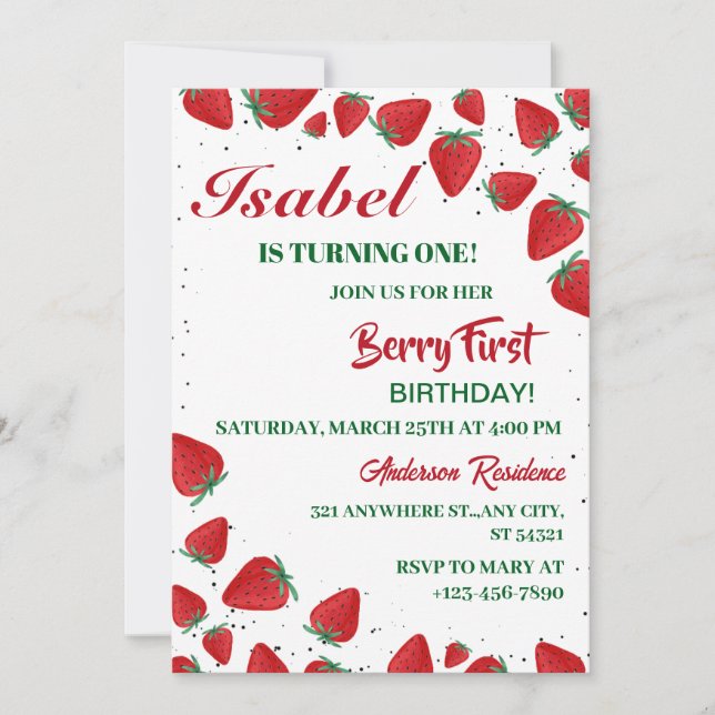 Invitation Fraise 1er Anniversaire Fête Berry 1er (Devant)