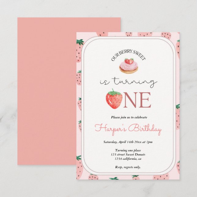 Invitation Fraise 1er Anniversaire Fête Berry 1er (Devant / Derrière)