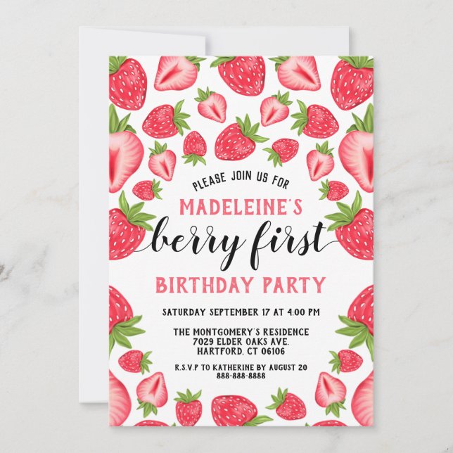 Invitation Fraise 1er Anniversaire Fête Berry 1ère coutume (Devant)