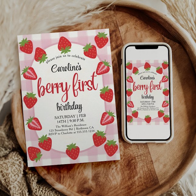 Invitation Fraise 1er Anniversaire Fête Berry Première photo (Créateur téléchargé)