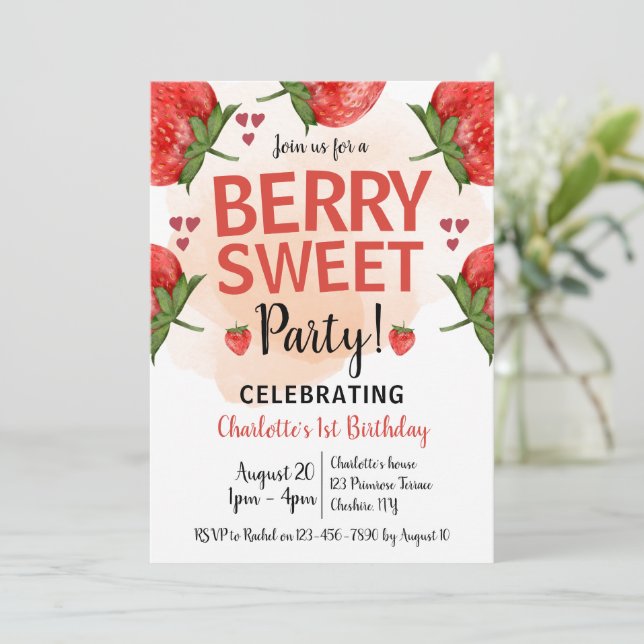 Invitation Fraise 1er anniversaire fête Berry Sweet (Debout devant)