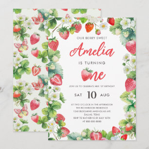 Invitation Fraise 1er Anniversaire Fête Berry Sweet Girl Roug