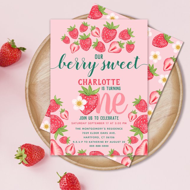 Invitation Fraise 1er Anniversaire Fête Berry Sweet Rose (Créateur téléchargé)