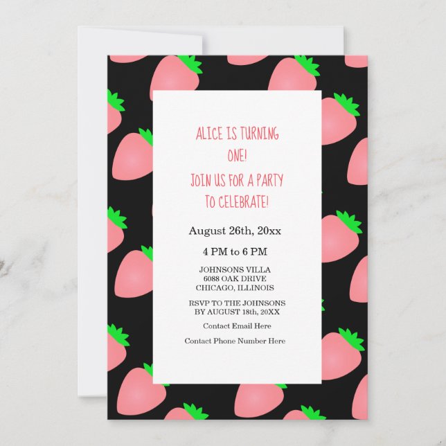 Invitation fraise 1er premier été anniversaire bébé fille (Devant)