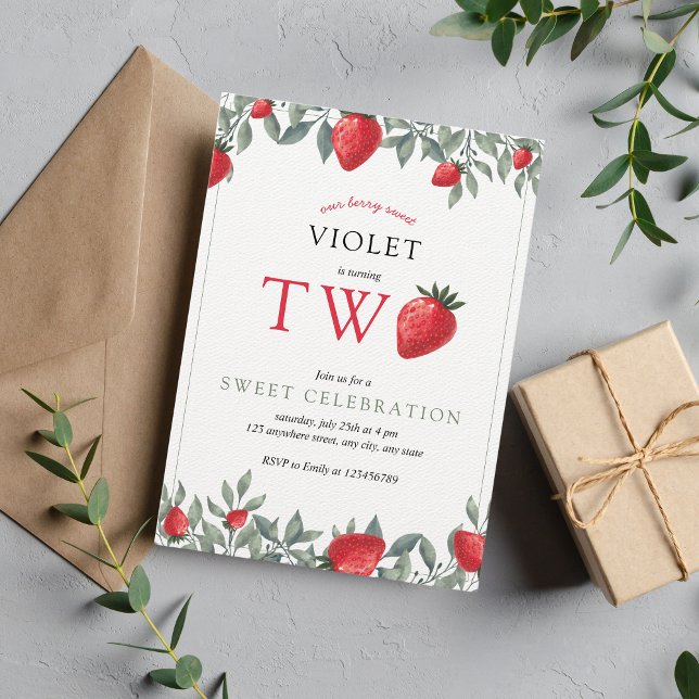 Invitation fraise 2e anniversaire | Aquarelle douce Berry (Créateur téléchargé)