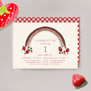 Invitation Fraise arc-en-ciel En vichy premier anniversaire