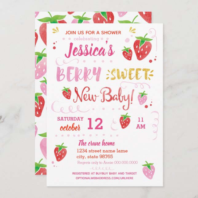 Invitation Fraise BERRY baby shower DOUCE Aquarelle (Devant / Derrière)