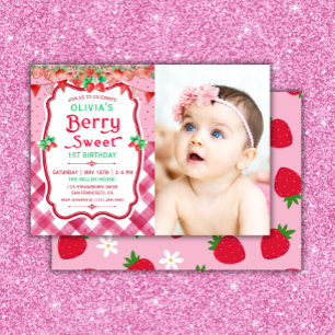Invitation Fraise Berry Premier anniversaire Fête des filles