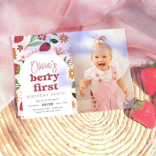 Invitation Fraise Berry Première photo Anniversaire (Card Front Mock-up)