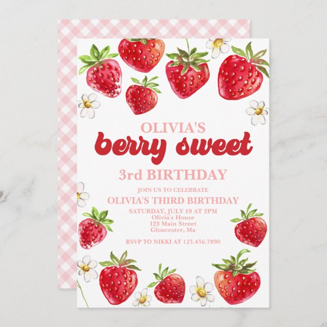 Invitation Fraise Berry Sweet Anniversaire (Devant / Derrière)