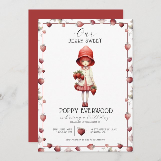 Invitation Fraise Berry Sweet Girl's Birthday Party (Devant / Derrière)