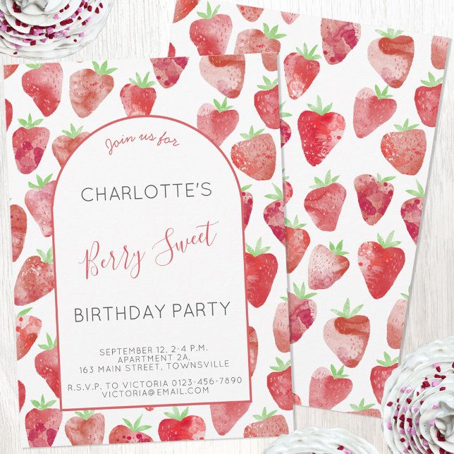 Invitation Fraise d'aquarelle fête d'anniversaire (Strawberry watercolor custom birthday party invitation with digital download and print options)