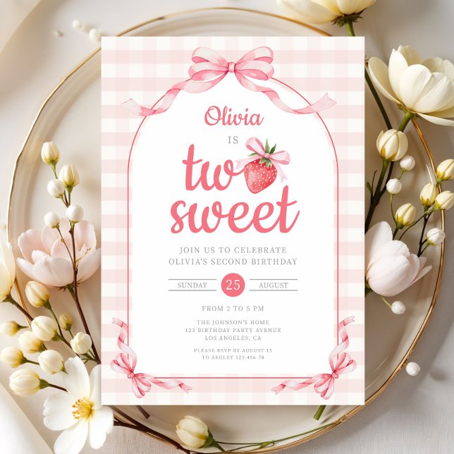 Invitation Fraise deux douce fille 2e anniversaire (Strawberry Two Sweet Girl 2nd Birthday Invitation)