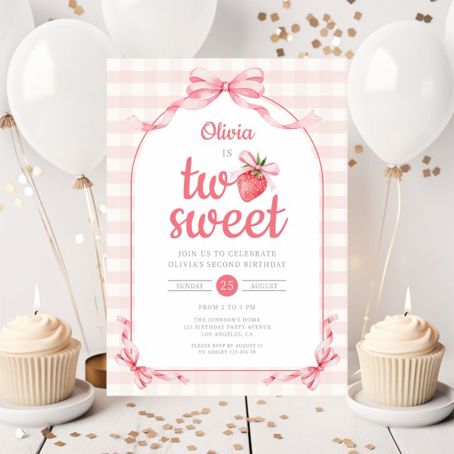 Invitation Fraise deux douce fille 2e anniversaire (Strawberry Two Sweet Girl 2nd Birthday Invitation)