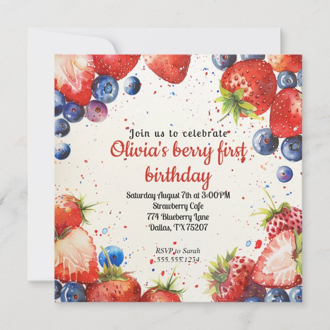 Invitation Fraise et bleuets Premier anniversaire (Devant)