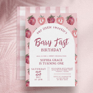 Invitation Fraise et En vichy rose Berry Premier anniversaire