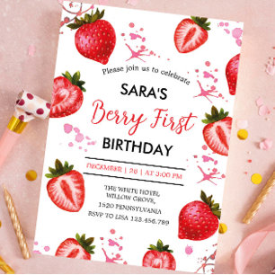Invitation Fraise et fête blanche 1er anniversaire pour fille